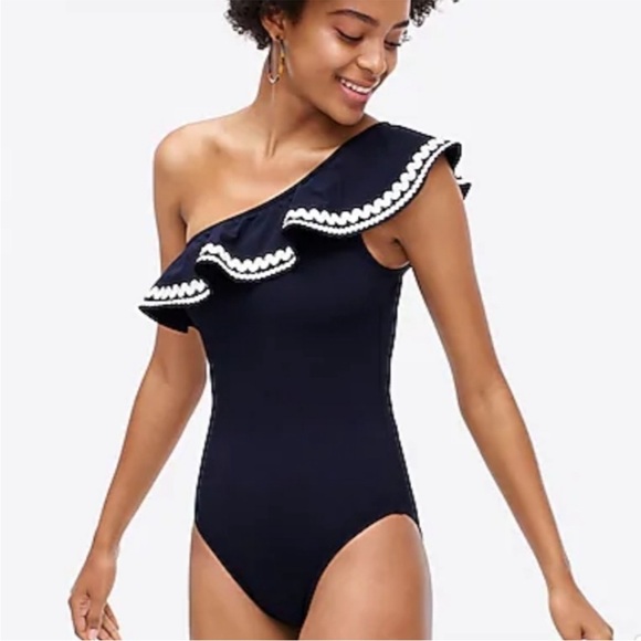 J. Crew Other - NWT J. Crew One-Shoulder Ruffle One Piece Swimsuit Navy & White sz 8